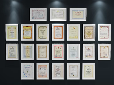 Certificates in White Frames on Black Wall with Spotlight Lighting 3d model