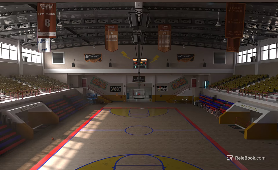 Indoor Basketball Court For Sports Fitness With Wooden Floor Spectator Seats And Lighting 3d model 