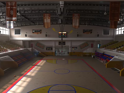 Indoor Basketball Court For Sports Fitness With Wooden Floor Spectator Seats And Lighting 3d model
