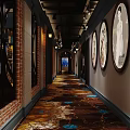 Elegant Modern Restaurant Interior With Dark Wooden Flooring Blue Columns Bookshelves Piano And Chandeliers