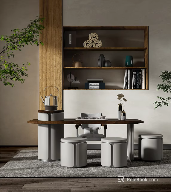 Modern Study Room With Wooden Bookshelf Table Stools And Plants 3d model