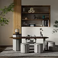 Modern Study Room With Wooden Bookshelf Table Stools And Plants 3d model