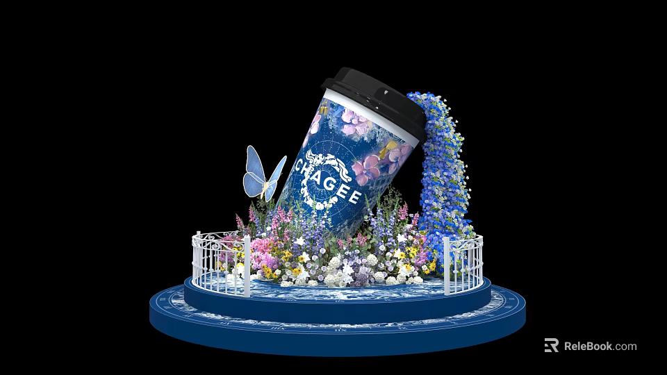 Floral Display With Orage Cafe Coffee Cup Butterfly Railing And Colorful Flowers On Blue Base 3d model 