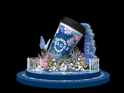 Floral Display With Orage Cafe Coffee Cup Butterfly Railing And Colorful Flowers On Blue Base 3d model