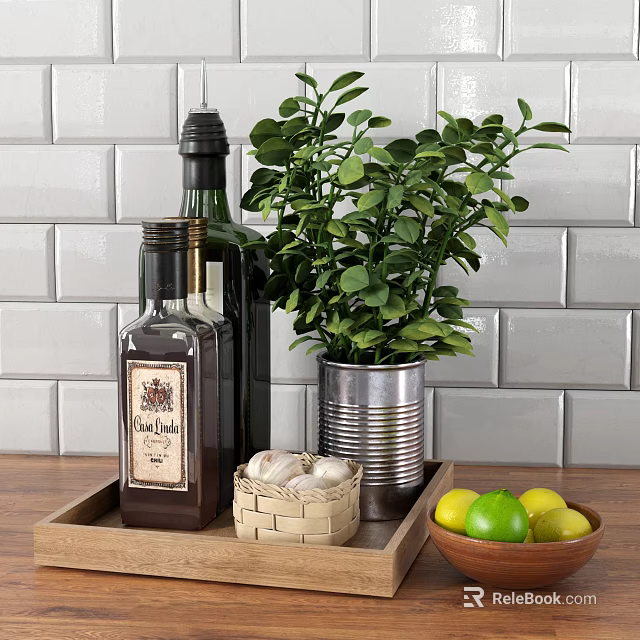Kitchen Essentials With Bottles Garlic Limes Lemons Wooden Tray Green Plant And Gray Tile 3d model 