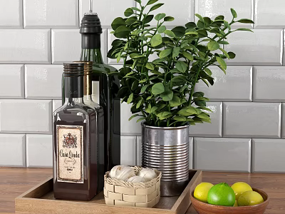 Kitchen Essentials With Bottles Garlic Limes Lemons Wooden Tray Green Plant And Gray Tile 3d model