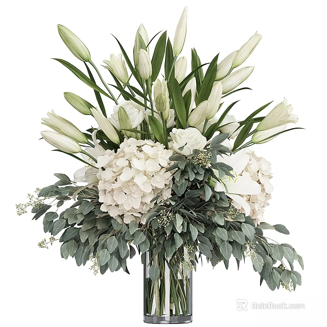 Decorative Ornament Arrangement With White Lilies Hydrangeas And Green Leaves In Glass Vase 3d model 