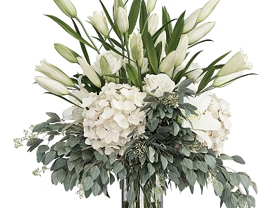 Decorative Ornament Arrangement With White Lilies Hydrangeas And Green Leaves In Glass Vase 3d model