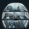 Cross Section View of Industrial Equipment with Multiple Levels Stairs and Mechanical Components