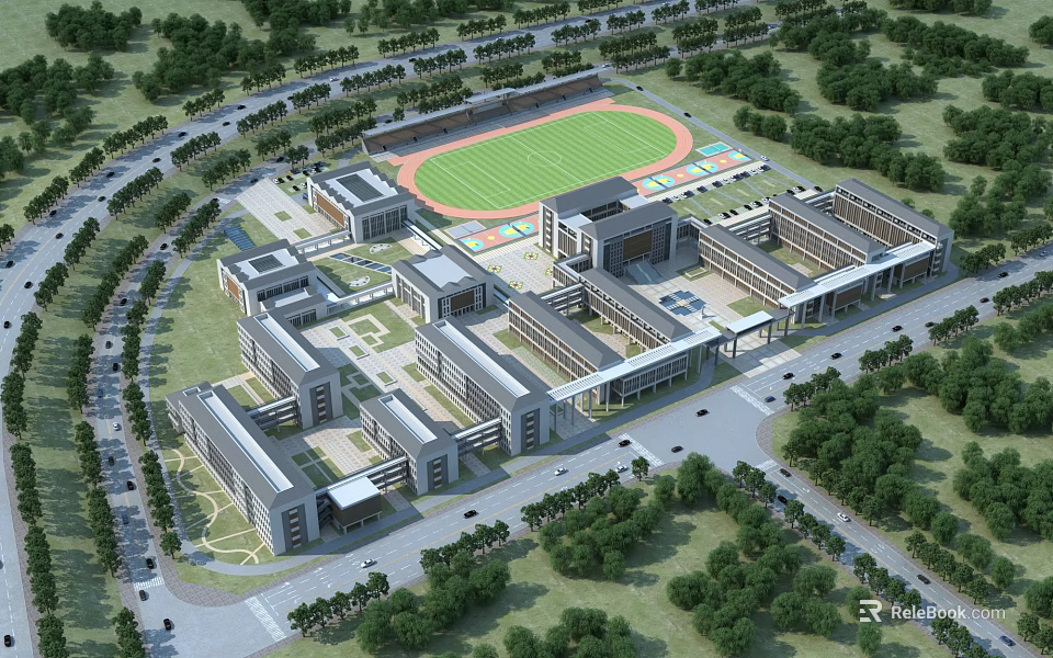 Aerial View Of School Buildings And Sports Field 3d model 