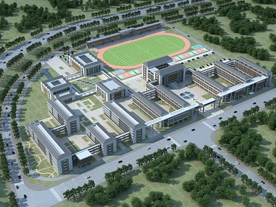 Aerial View Of School Buildings And Sports Field 3d model