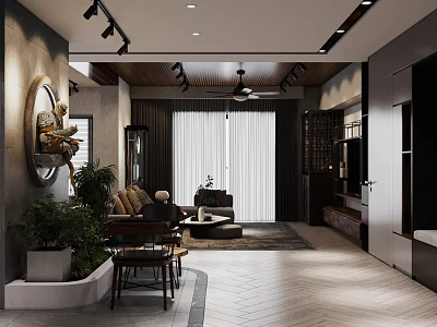 Modern Living Room Interior Design With Sofa Coffee Table Plants Pendant Lights And TV Unit 3d model