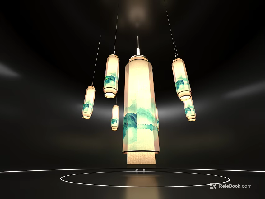 Art Installation Featuring Hanging Illuminated Lanterns With Green Blue Patterns Modern Design 3d model