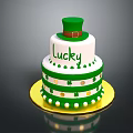 Lucky Green Two Tiered Cake With Clover Patterns White Decorations And Green Hat Topper 3d model