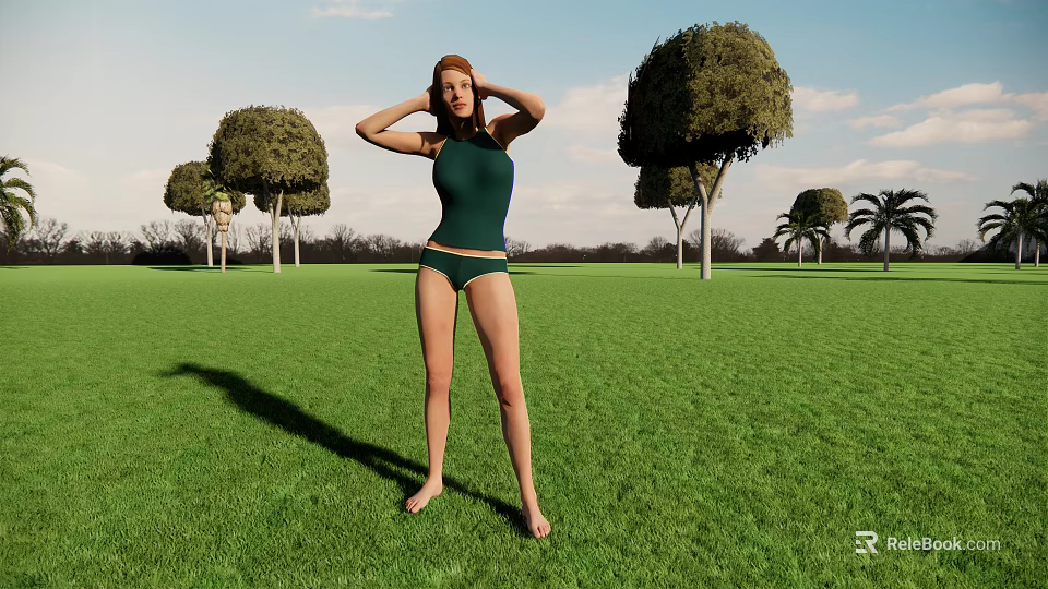 Woman in Green Swimsuit Standing on Green Grass with Hands on Head and Trees Around 3d model 