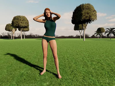 Woman in Green Swimsuit Standing on Green Grass with Hands on Head and Trees Around 3d model