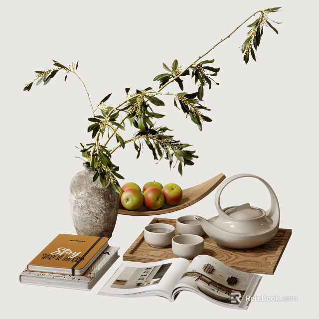 Decorative Ornament Set With Vase Green Branches Apples Wooden Tray White Teapot And Books 3d model 