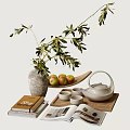 Decorative Ornament Set With Vase Green Branches Apples Wooden Tray White Teapot And Books