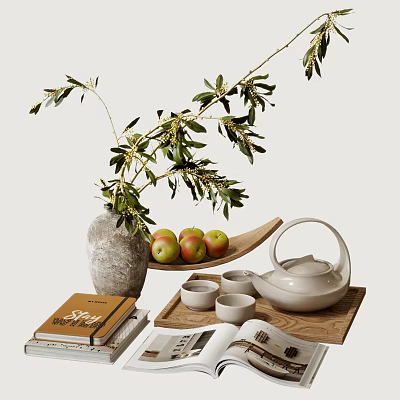 Decorative Ornament Set With Vase Green Branches Apples Wooden Tray White Teapot And Books 3d model