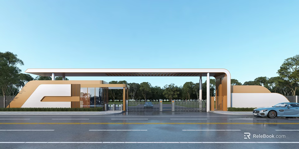 Modern Entrance Gate Design With Metal Structure Surrounding Buildings Trees And Road 3d model 