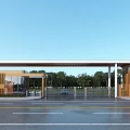 Modern Entrance Gate Design With Metal Structure Surrounding Buildings Trees And Road
