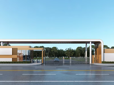 Modern Entrance Gate Design With Metal Structure Surrounding Buildings Trees And Road 3d model