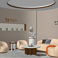 Elegant Lounge Area Interior With Beige Sofas Round Coffee Table And Decorative Ceiling