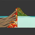 Cartoon Volcano Scene With Cross Section Lava Flow Green Vegetation And Blue Ocean