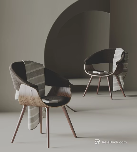 Modern Dining Chairs with Wooden Legs Dark Backrest and Striped Blanket in Curved Minimalist Background 3d model 