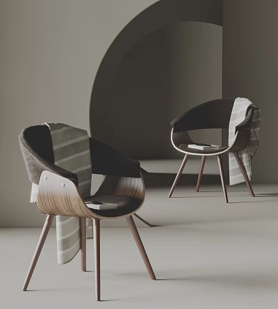 Modern Dining Chairs with Wooden Legs Dark Backrest and Striped Blanket in Curved Minimalist Background 3d model