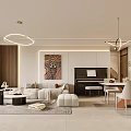 Modern Living And Dining Room Interior With Sofa Dining Table Chairs Pendant Lights And Artwork