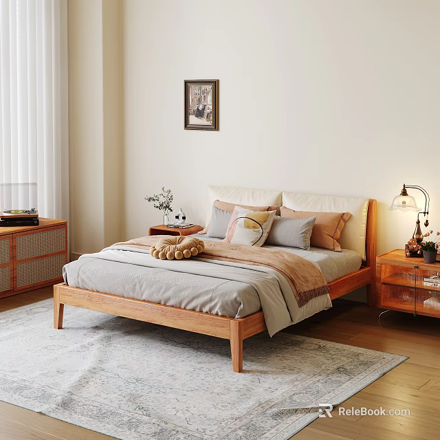 Cozy Double Bed With Wooden Frame Plush Pillows Soft Blanket Bedside Table Lamp And Rug 3d model 