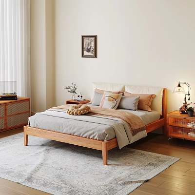 Cozy Double Bed With Wooden Frame Plush Pillows Soft Blanket Bedside Table Lamp And Rug 3d model