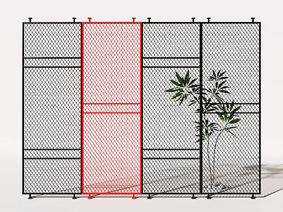 Grid Design Interior Partition With Red Panel And Green Plant Decoration 3d model