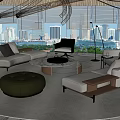 Modern Casual Area With Sofa Carpet Floor Lamp Circular Chandelier And City View
