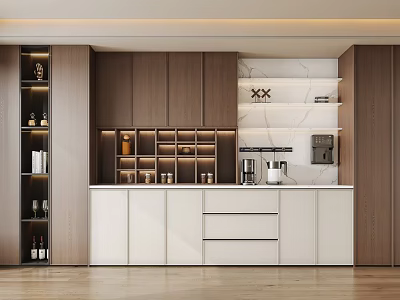 Modern Kitchen Interior With Wooden Wine Cabinet Display Shelves And Lighting 3d model