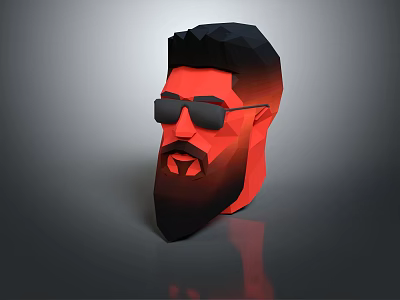 Low Poly Male Character Head With Black Hair Sunglasses Beard And Red Black Gradient 3d model