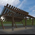 Modern Wooden Pergola with Sloped Roof and Glass Panels in Park with Green Plants