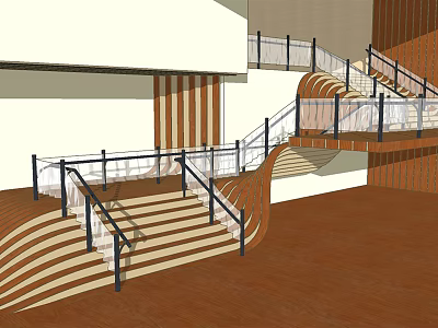 Modern Staircase With Striped Steps Wooden Flooring And Metal Railings Interior 3d model