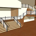 Modern Staircase With Striped Steps Wooden Flooring And Metal Railings Interior
