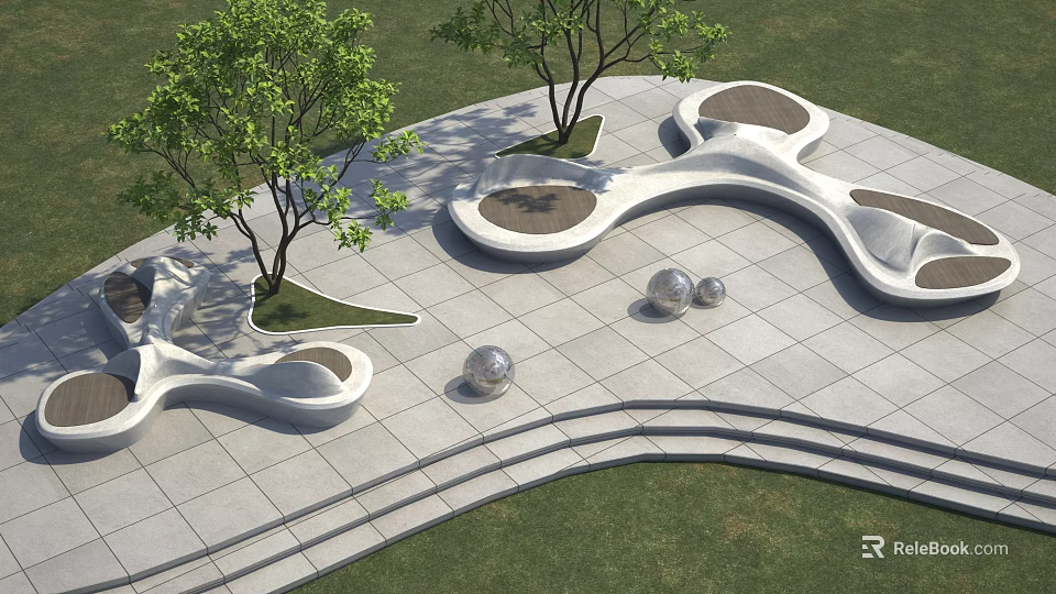 Modern Outdoor Landscape Design With Curved Concrete Structures Trees And Silver Spherical Ornaments 3d model 