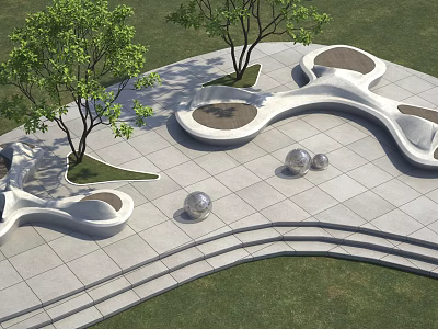 Modern Outdoor Landscape Design With Curved Concrete Structures Trees And Silver Spherical Ornaments 3d model