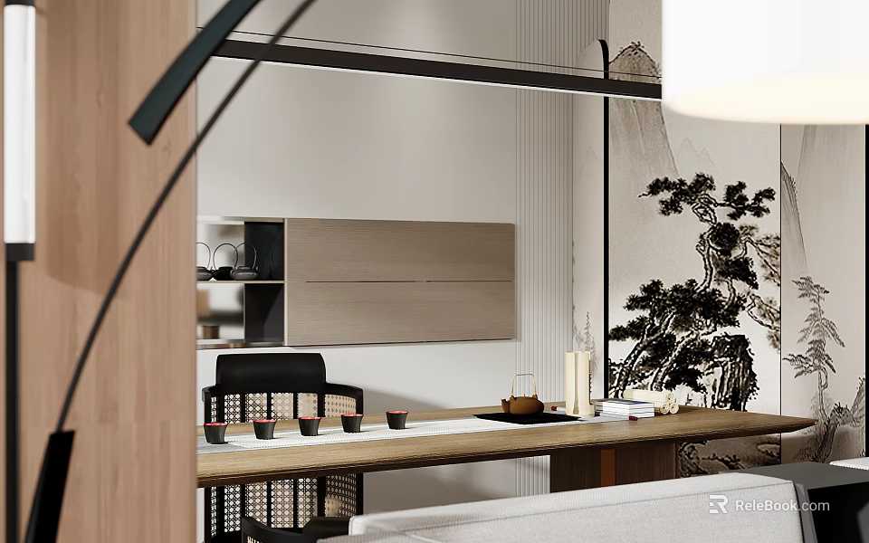 Modern Office Interior With Chinese Ink Painting And Wooden Tea Table Setup 3d model 