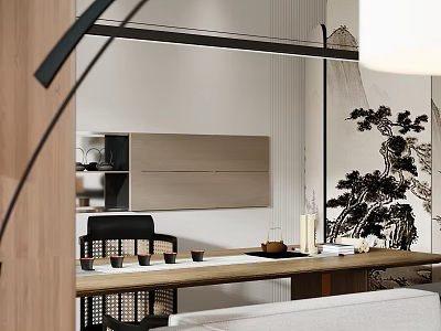 Modern Office Interior With Chinese Ink Painting And Wooden Tea Table Setup 3d model