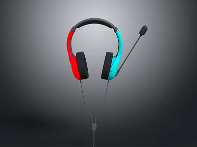 Wired Headphones With Red And Blue Ear Cups Black Headband And Built In Microphone 3d model