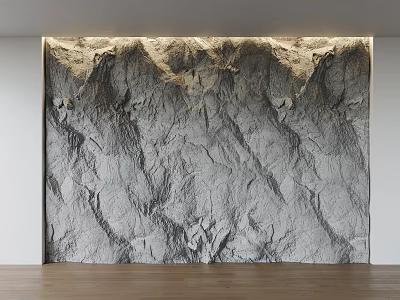 3D Gray Mountain Relief Texture Background Wall With Lighting And White Walls Wooden Floor 3d model