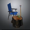 Blue Outdoor Chair With Tree Stump Table Potted Plant And Shovel