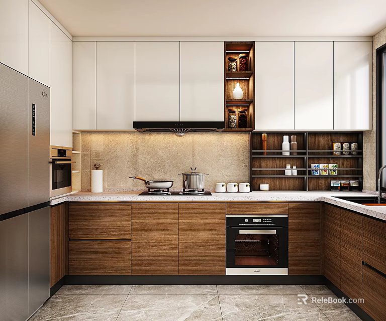 Modern Kitchen Interior With White Cabinets Wooden Drawers And Stainless Steel Appliances 3d model 