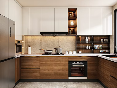 Modern Kitchen Interior With White Cabinets Wooden Drawers And Stainless Steel Appliances 3d model