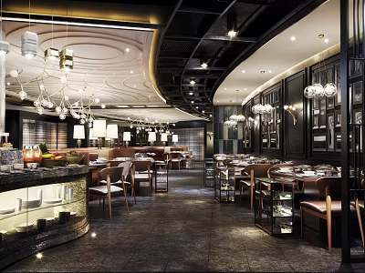 Elegant Modern Restaurant Interior With Chandeliers Dining Tables And Open Layout 3d model